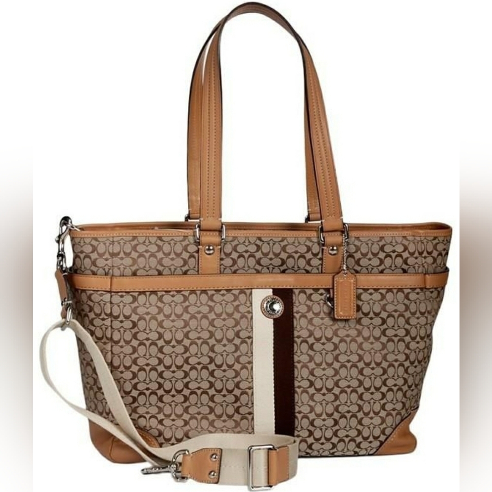 COACH Signature Voyage Monogram Tan Brown Tote bag purse Crossbody